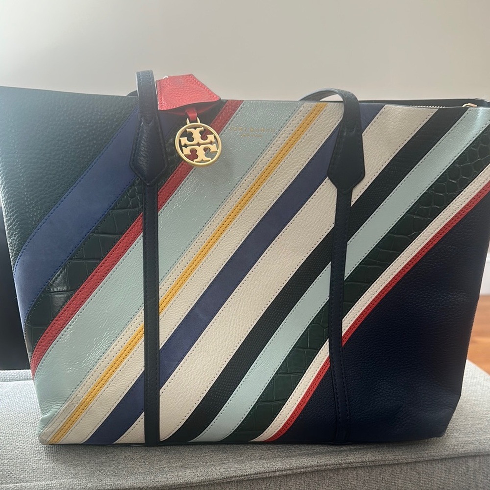 Tory Burch Blue and White Striped Tote Bag